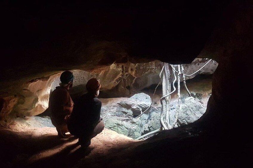 Dos personas dentro de una cueva con una gran formación de estalactitas. 5
