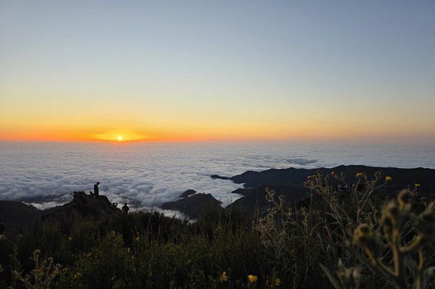 A sunset over a coastal landscape with rocky outcrops and vegetation. 1
