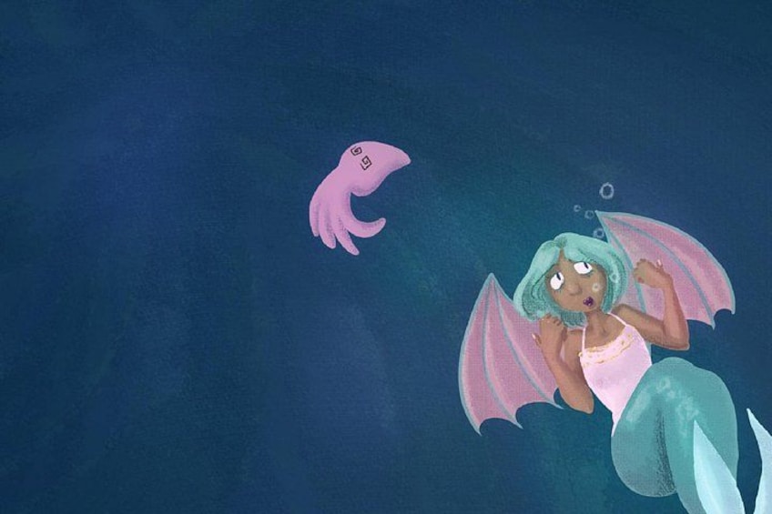 A mermaid with pink wings swimming in the ocean. 2