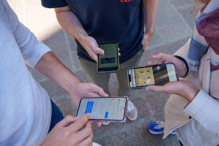 People holding smartphones, one displaying a map, another showing a document, and a third with a photo. 4