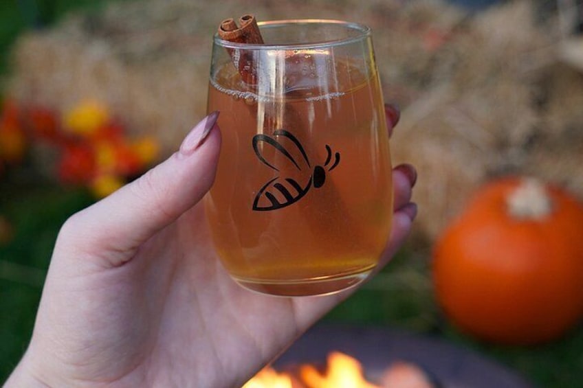 A hand holding a glass with a cinnamon stick and a bee design, a pumpkin, and a fire in the background. 2