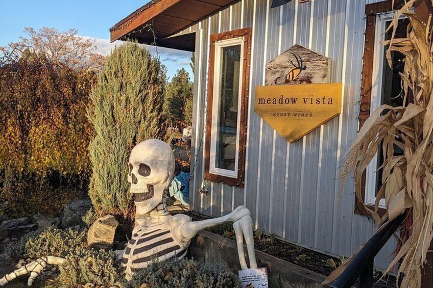 A rustic building with a sign reading 'meadow vista honey bees.' 3