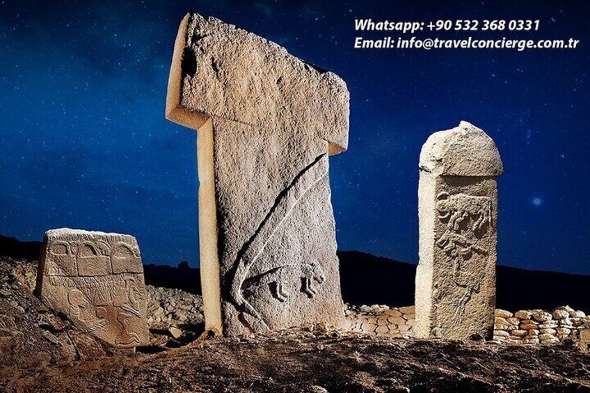 Antiguas estructuras de piedra con grabados, sobre un cielo estrellado. 1