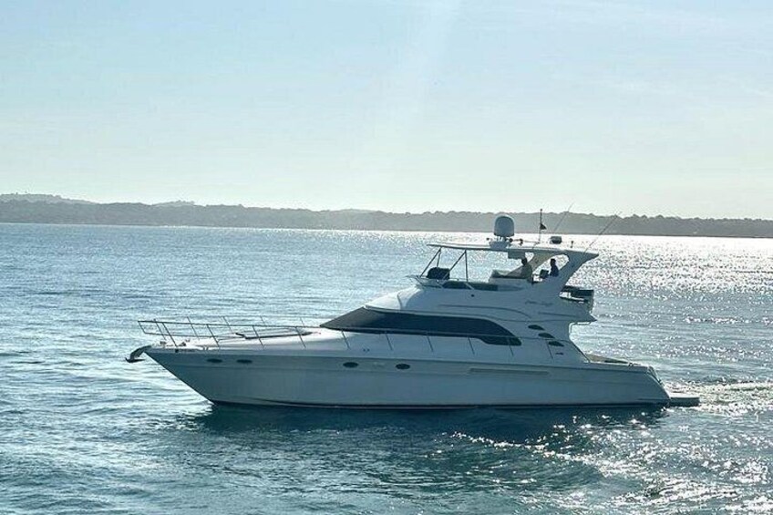 A white yacht on calm water with a clear sky. 2