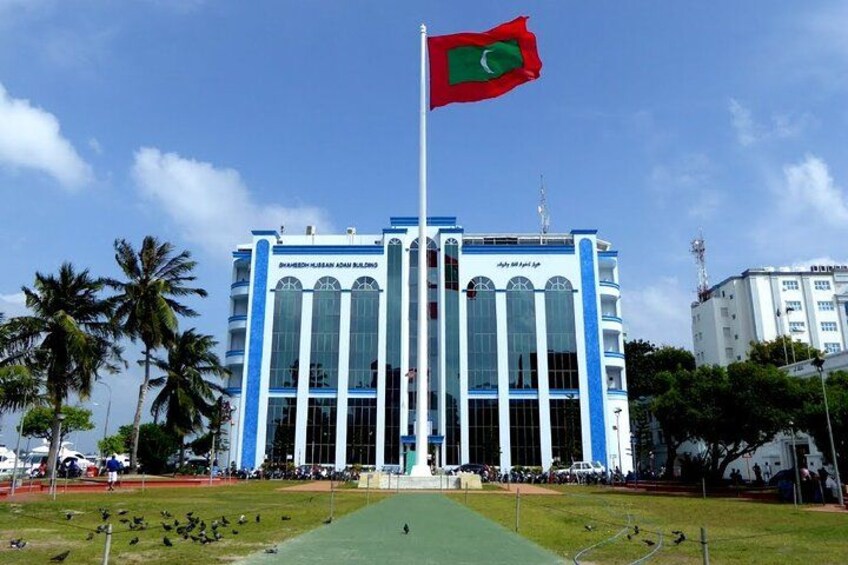 A building with a flag, palm trees, and a green field. 1