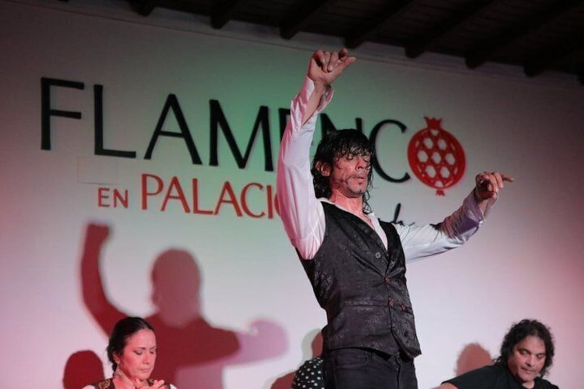 A person standing on a stage with a backdrop that reads 'FLAMINGO EN PALACIO.' 2