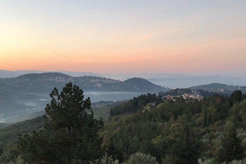 Eine hügelige Landschaft mit Sonnenaufgang oder Sonnenuntergang, eine markante Kiefer und verstreute Gebäude. 2