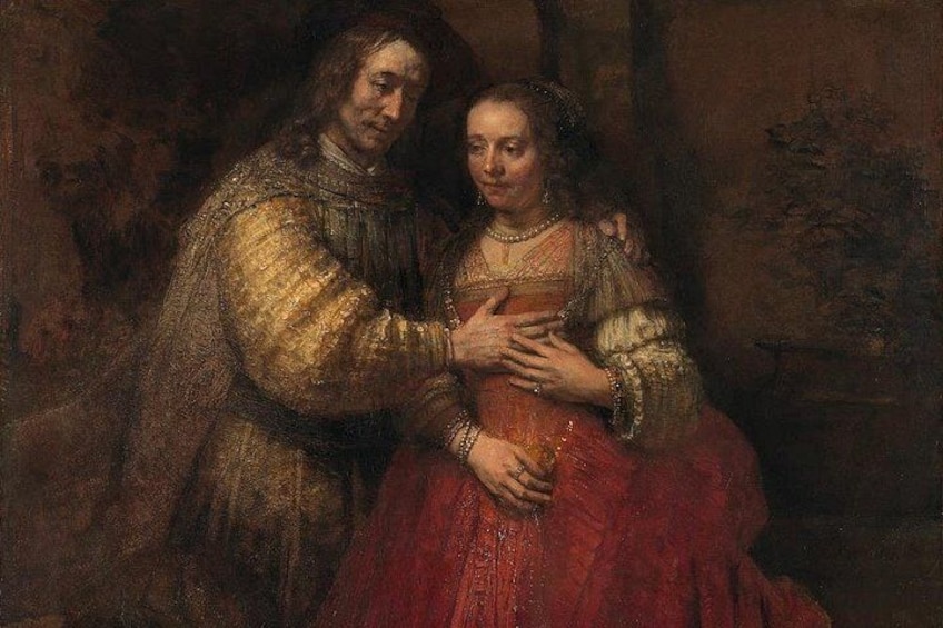 Une peinture historique représentant deux personnages, l’un portant une robe rouge et l’autre une tenue dorée, dans un décor intérieur sur fond sombre. 5