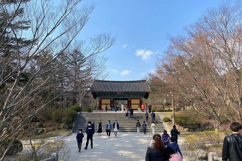 A traditional Korean gate with steps leading up to it, surrounded by trees and a clear sky. 3