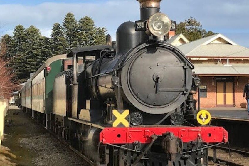 Una locomotora de vapor con el número 224, estacionada en una estación con andén y edificios al fondo. 1