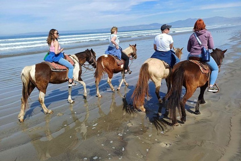 A group of people riding horses on a beach with the ocean in the background. 4