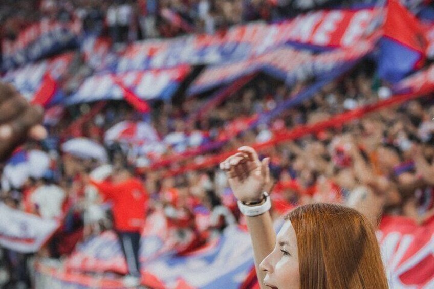 A crowd with raised hands, flags, and a person in a red shirt. 2