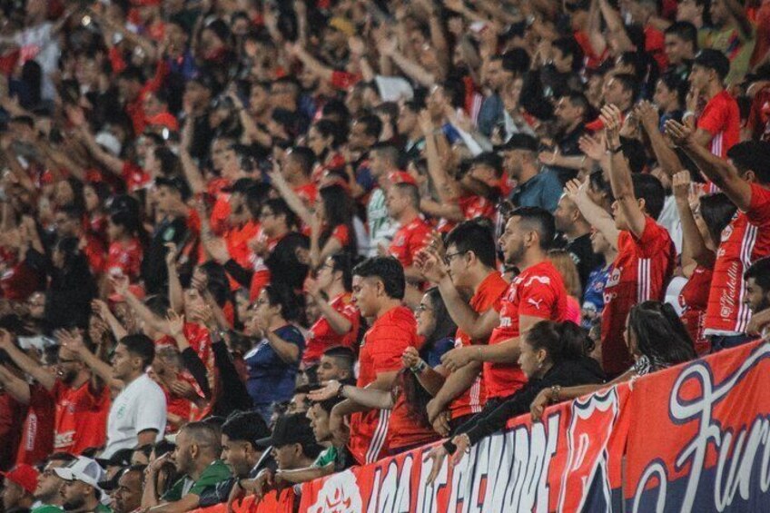 A crowded stadium with spectators wearing red. 5