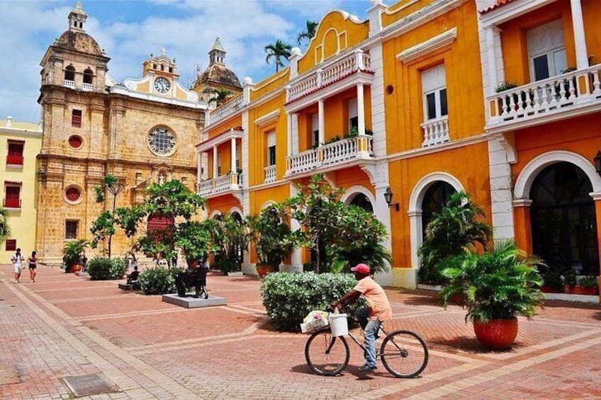 A historic building with a clock tower, a cyclist, and potted plants in a courtyard. 4