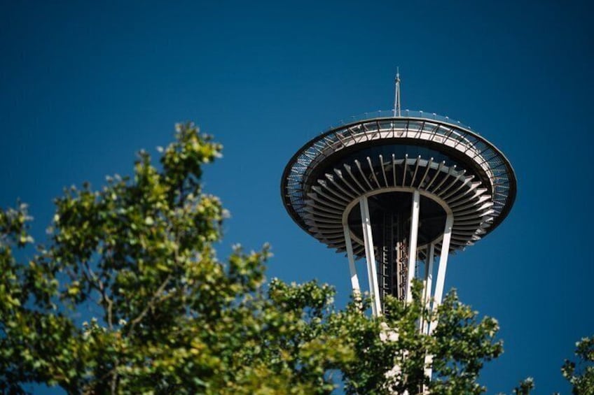 A tower with a circular observation deck, surrounded by trees. 1