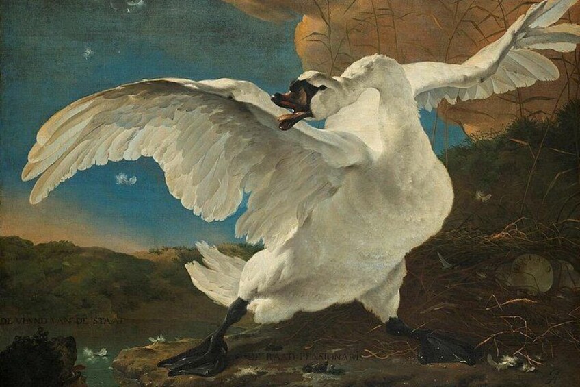 A white bird in flight with outstretched wings, set against a backdrop of a clear sky and a landscape with hills. 2