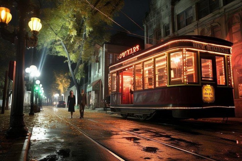 Un tram aux fenêtres illuminées et portant une enseigne indiquant « VÊTEMENTS », circulant dans une rue mouillée, de nuit. 4