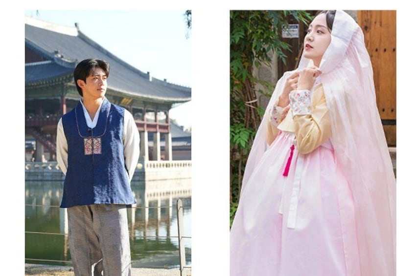 A traditional Korean hanbok and a traditional Korean building. 2