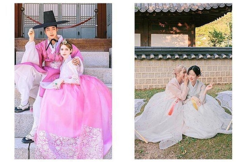 Un hanbok coreano tradicional, un hanbok rosa y blanco, y un hanbok blanco con estampado floral. 2