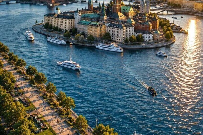 Ein Fluss mit Booten, eine Stadtansicht mit historischen Gebäuden und eine Uferpromenade. 2