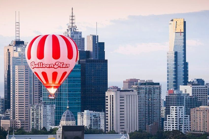 A city skyline with a hot air balloon labeled 'Balloon Man' in the foreground. 3