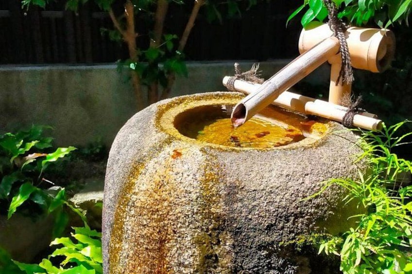 Una fuente de piedra con un caño de bambú, rodeada de follaje. 4