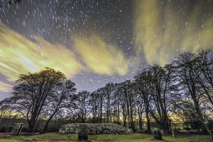 A starry night sky over a landscape with trees and a stone structure. 2
