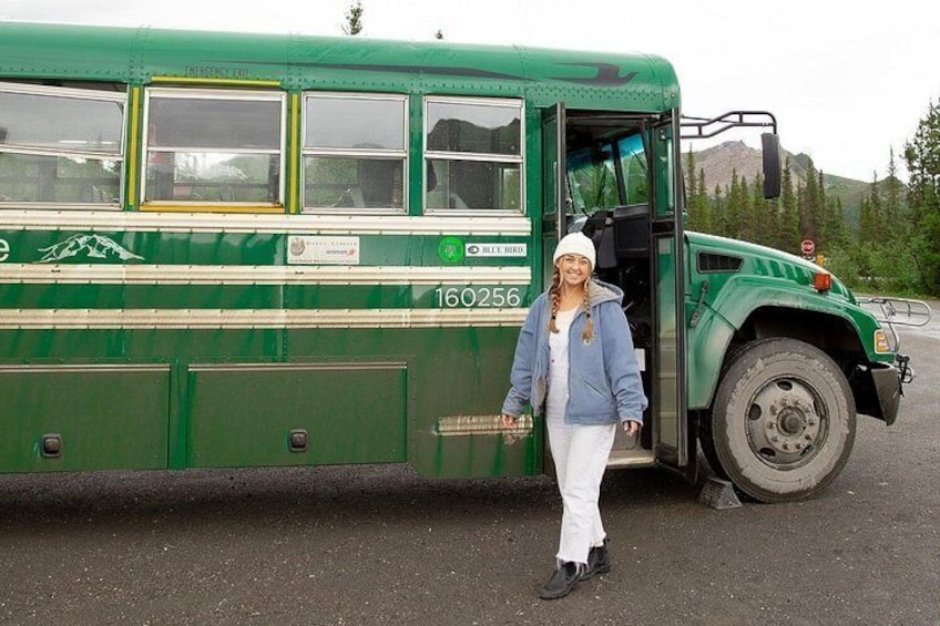 En grøn bus med nummer 160256 holder parkeret på en vej, en person står ved siden af den, og et bjergrigt landskab ses i baggrunden. 2