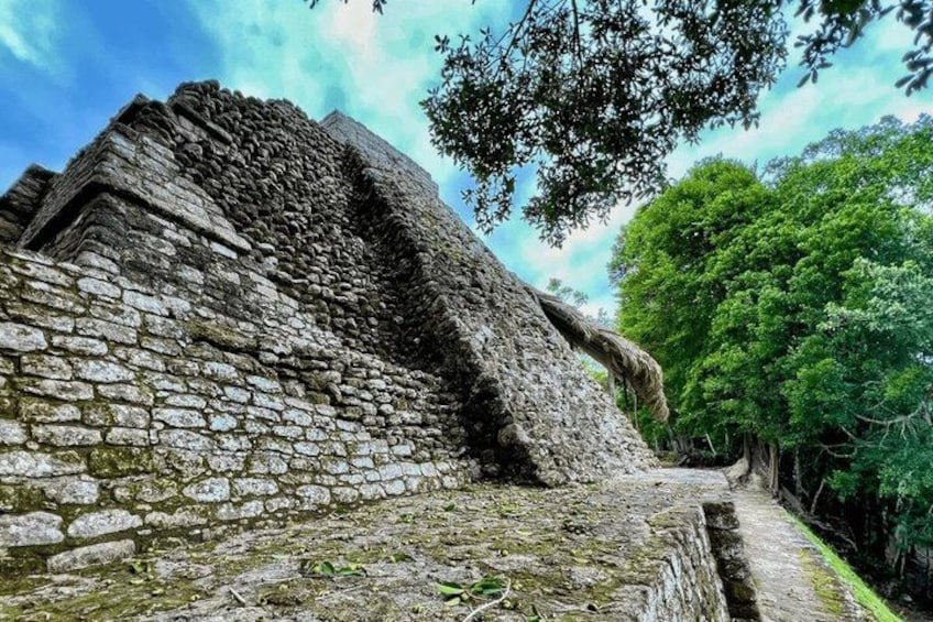 Una estructura piramidal de piedra con una escalera que asciende a ella, rodeada de vegetación exuberante y árboles. 5