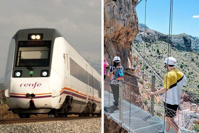Un train portant l’inscription « Renfe », un paysage rocheux et des personnes sur un pont. 1