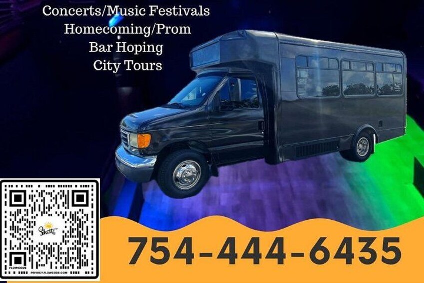 A black bus with a QR code and a phone number for services like concerts, homecomings, and city tours. 2