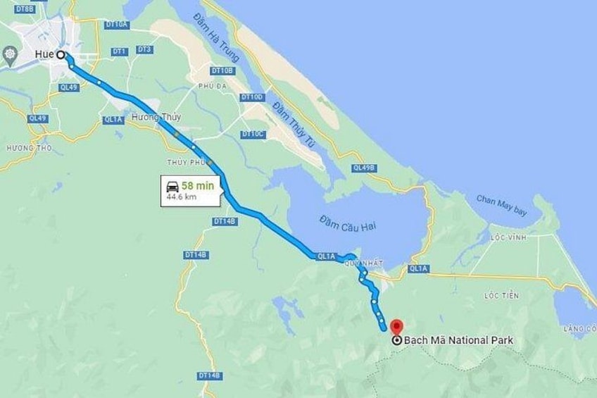Eine Karte mit einer Route von Hue zum Nationalpark Bach Ma, die durch mehrere Städte führt und eine Distanz von 44,6 km sowie 58 Minuten angibt. 4