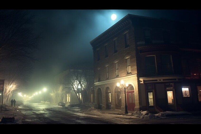 A snowy street at night with buildings, streetlights, and a full moon. 2