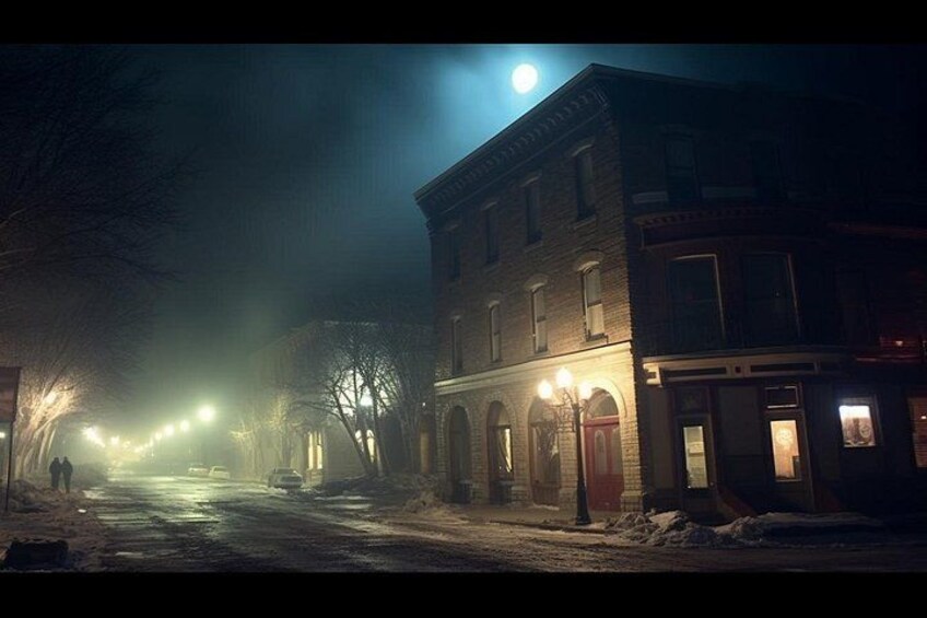 A foggy street at night with buildings and a full moon. 2
