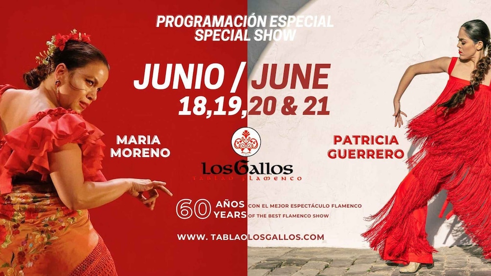 Póster promocional de un espectáculo de flamenco en Los Callos, con Maria Moreno y Patricia Guerrero, del 18, 19, 20 y 21 de junio. 1