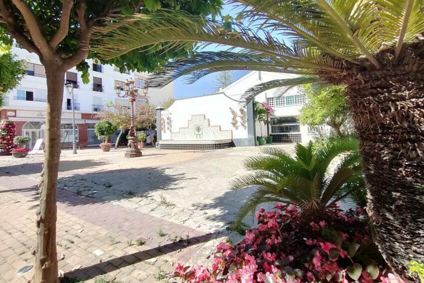 A courtyard with palm trees, potted plants, and a tiled floor. 2