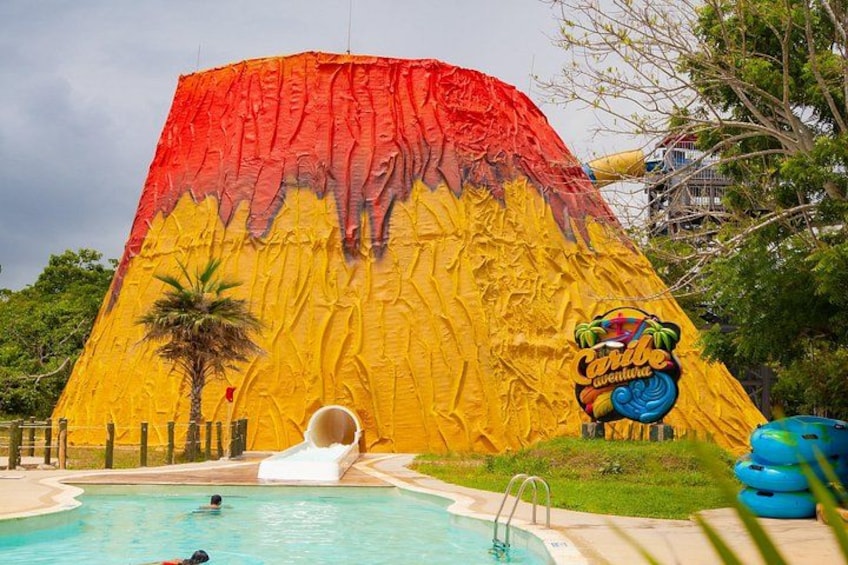 A large inflatable slide with a tropical design, a pool, and a palm tree. 2