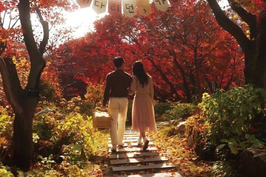 A couple walking on a wooden bridge surrounded by autumn foliage. 2