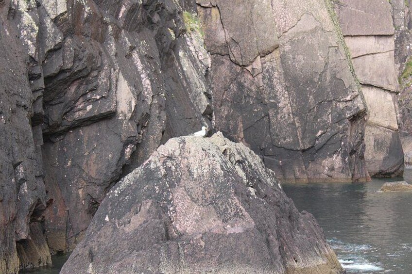 A rocky landscape with a large boulder in the foreground and a river in the background. 3