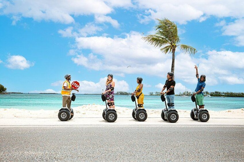 A group of people on segways along a beach with a palm tree and ocean in the background. 2