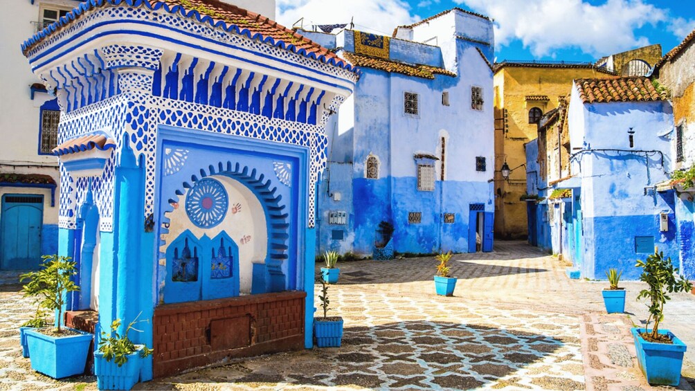Un edificio azul con diseños elaborados, una calle empedrada y plantas en macetas. 2