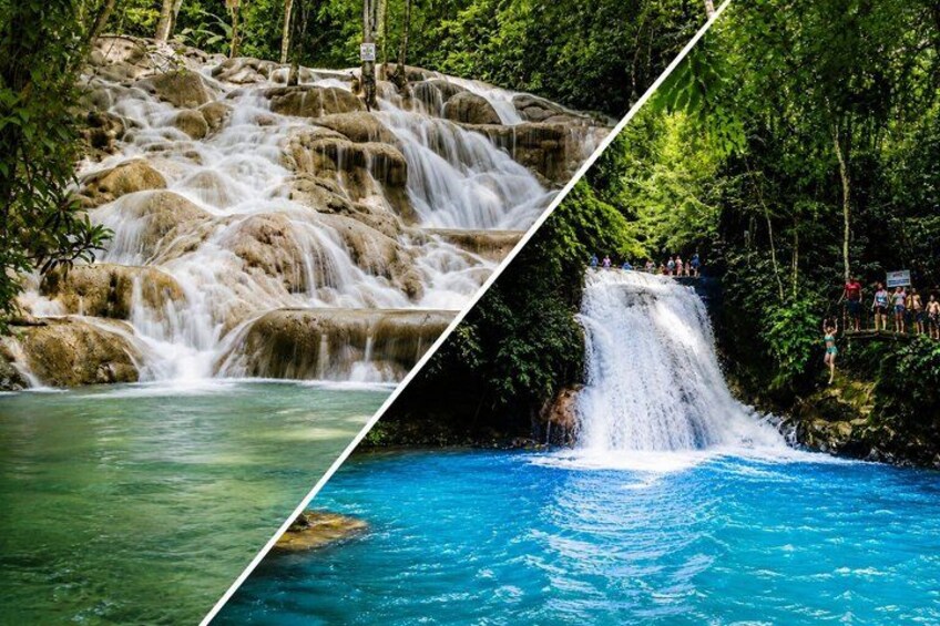 Ein Wasserfall stürzt über Felsen, darunter ein Becken mit klarem Wasser, und eine Gruppe von Menschen beobachtet den Wasserfall. 1