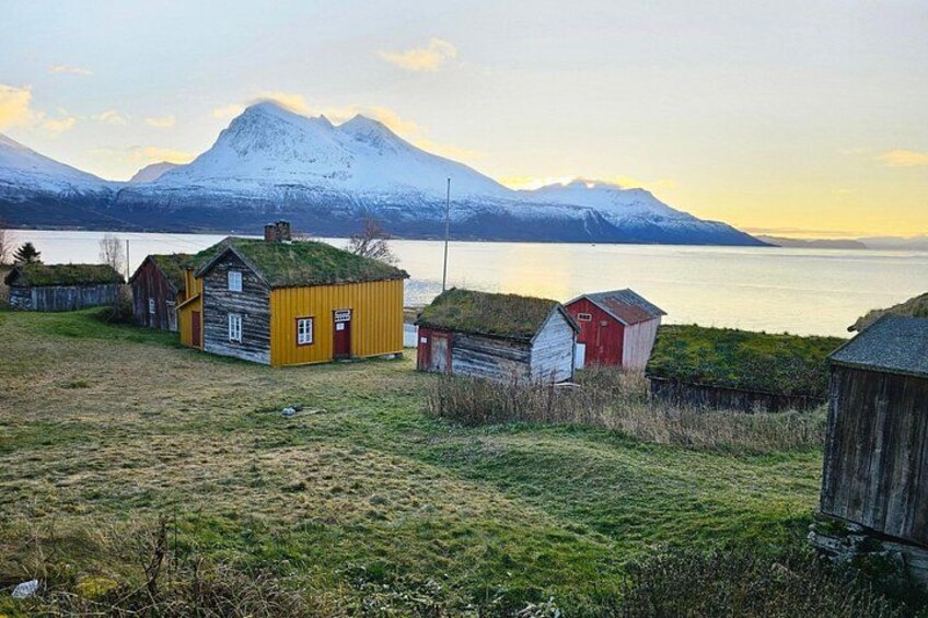 A coastal landscape with a yellow house, a red shed, and a mountain in the background. 2