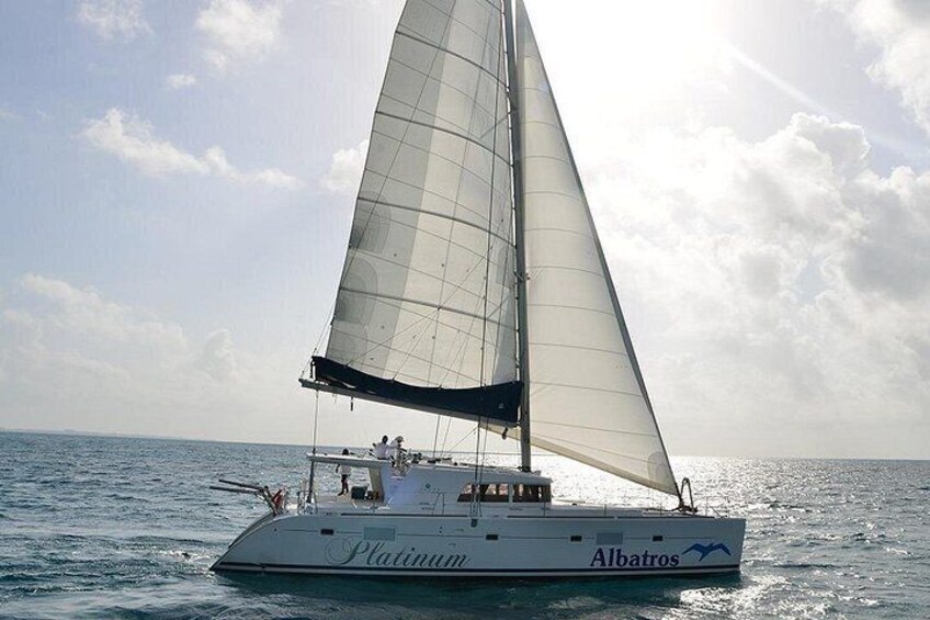 A sailboat named 'Platinum' with the word 'Albatros' on its side, sailing on the water. 2