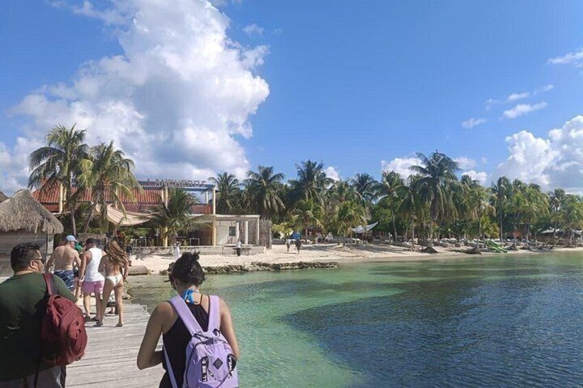 A beach with clear turquoise water, palm trees, and a wooden pier with people. 3