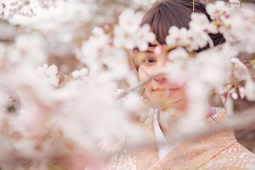 Une personne vêtue d’un costume traditionnel, entourée de fleurs de cerisier. 1