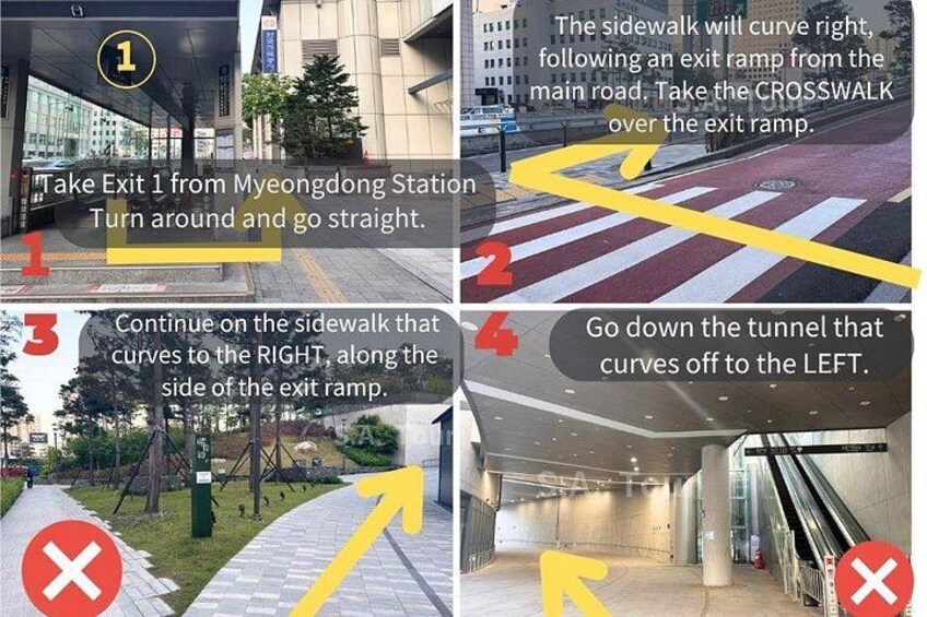 A pedestrian pathway with directional arrows and exit instructions. 2