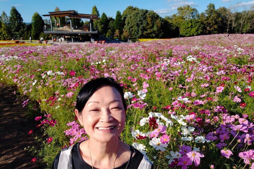 A person standing in a field of flowers with a pavilion in the background. 1