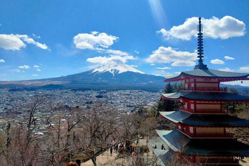 A pagoda, Mount Fuji, and a cityscape. 5