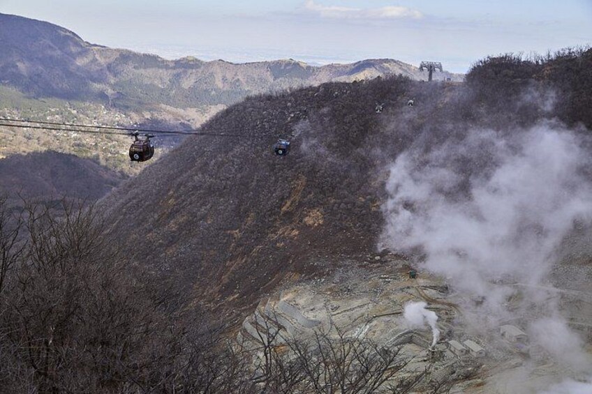 A cable car moving along a cable, a steam vent, and a mountainous landscape. 2